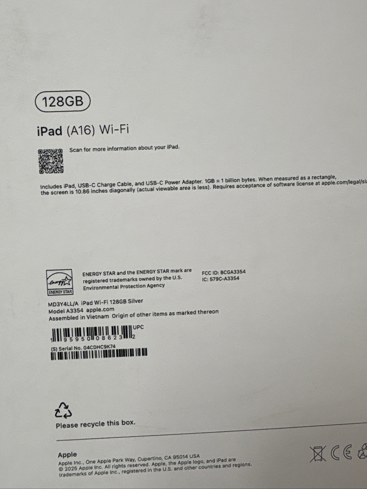 Apple iPad (A16) 11-inch Wi-Fi 128GB (2025, 11th generation) - Silver *New, Sealed