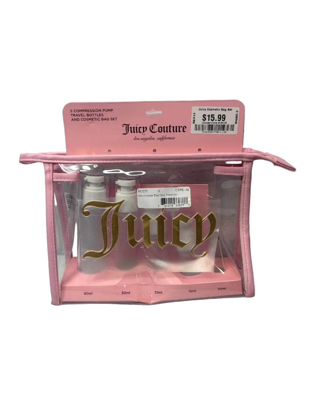 Juicy Couture TSA Approved Travel Bottle Set with Clear Cosmetic Bag – Pink